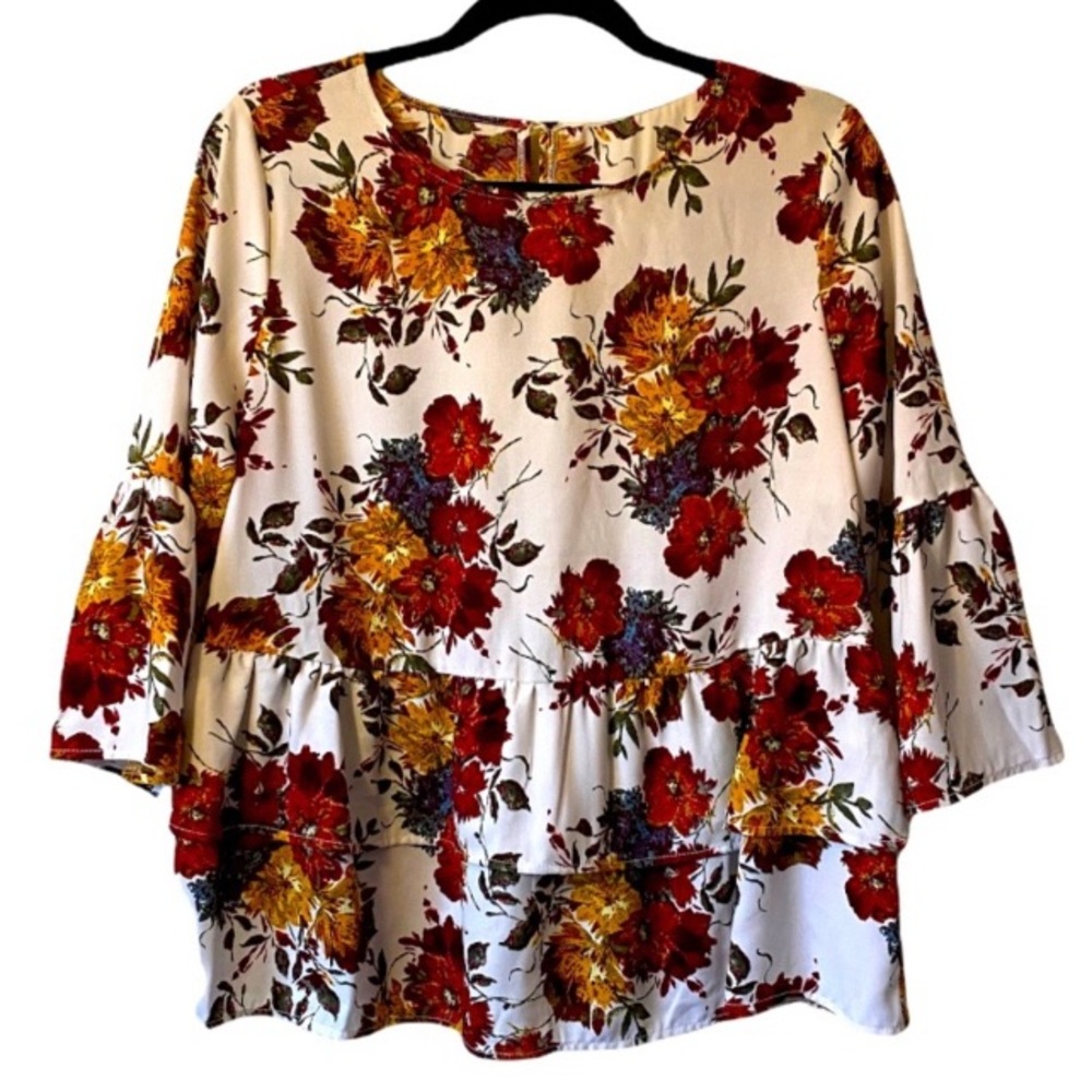 White Floral Peplum Blouse with Bell Sleeve Size Medium